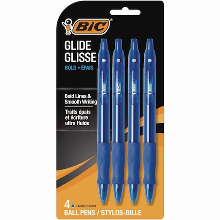 Bic GLIDE Bold Ballpoint Pen, Retractable, Bold 16 mm, Blue Ink, Translucent Blue Barrel, 4PK VLGBP41-BLU